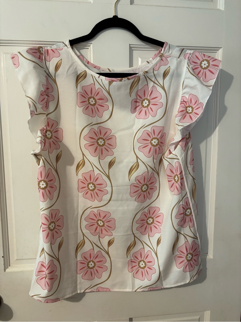 SHEIN White Top with Pink Floral Print and Gold Vines